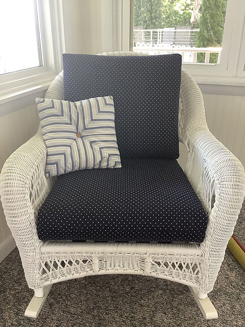navy with small white polka dots cushions for wicker rocker