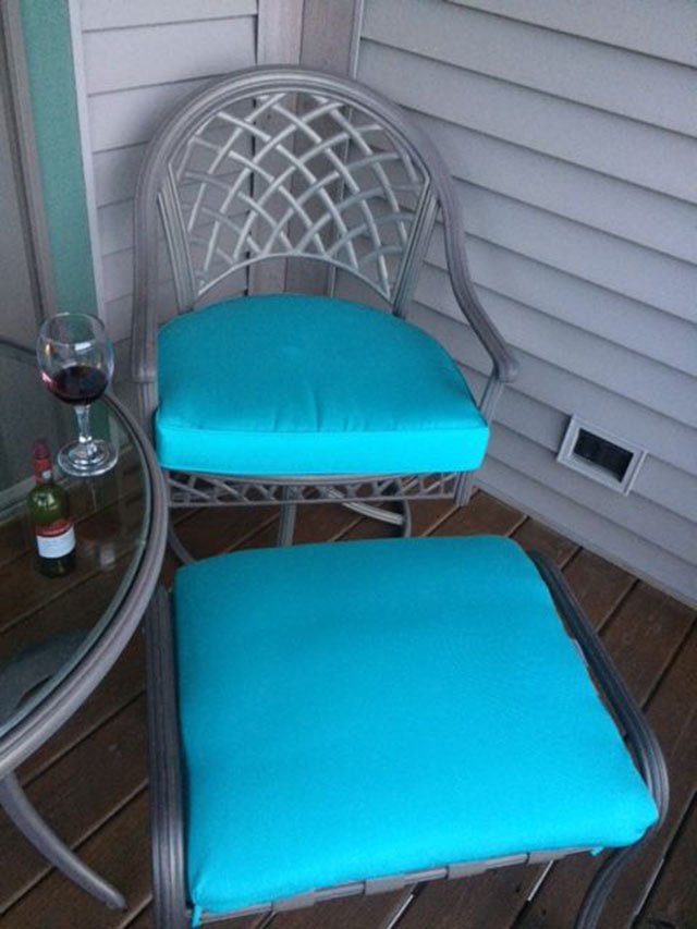 rounded back seat cushion in boxed construction 
Sunbrella Aruba fabric
Sunbrella Aruba trimming
ottoman in waterfall construction
Sunbrella Aruba  fabric