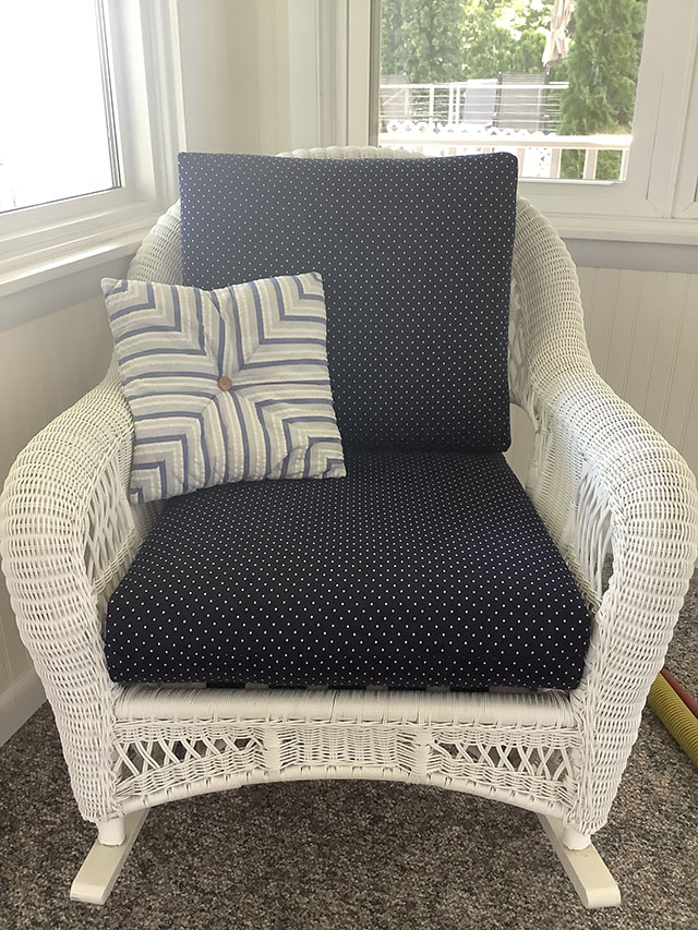 navy with small white polka dots cushions for wicker rocker