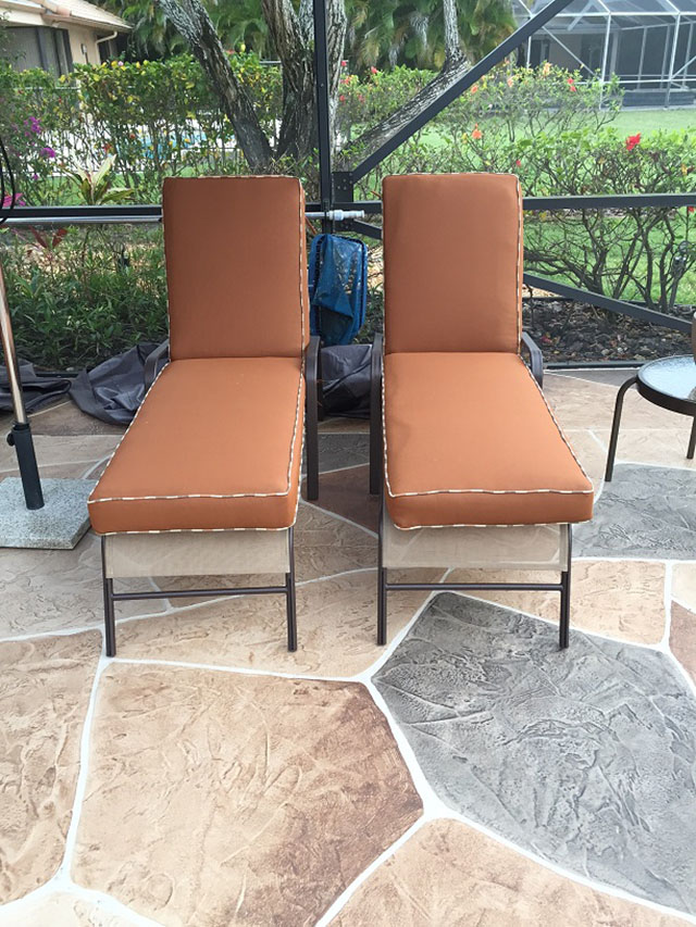 Matching boxed chaise cushions 
Sunbrella Nutmeg fabric
Sunbrella Bangle Adobe trimming