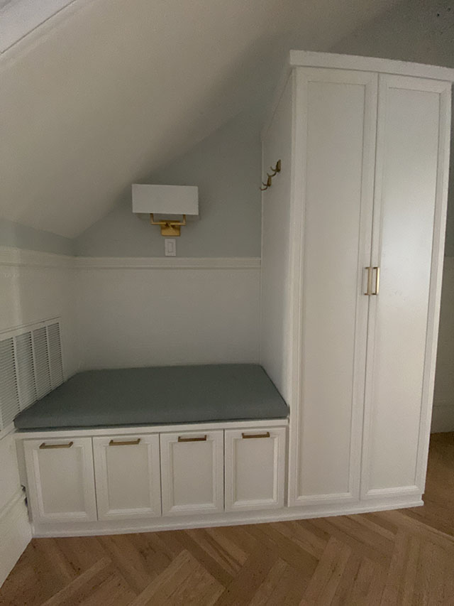 Custom bench cushion for shoe bench.  Boxed construction with Sunbrella Cast Mist fabric and polyurethane foam with fiber batting.