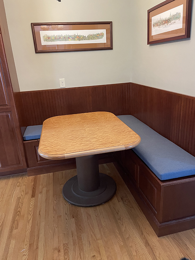 Two boxed bench cushions, in 2&Prime; thick with Sunbrella Spectrum Denim for a breakfast nook.