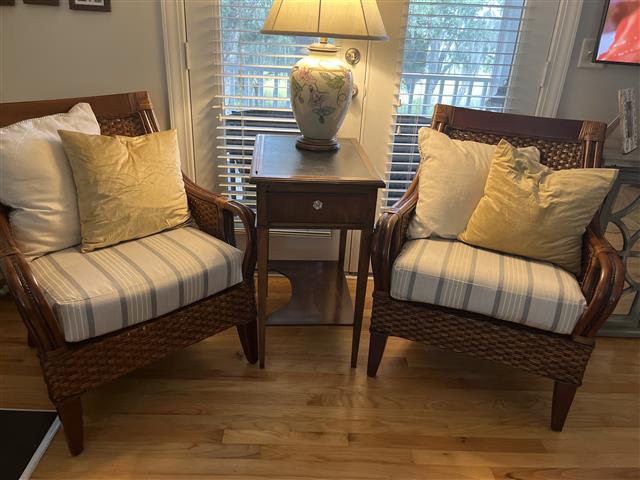Two seat cushion covers made in boxed construction with Sunbrella Cove Pebble fabric.