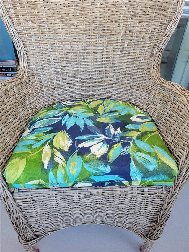 D Seat cushion made in waterfall construction.  Made in Sea Breeze Lagoon fabric.
