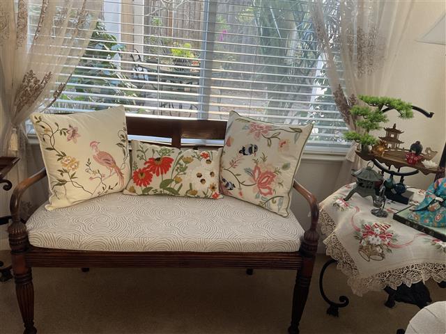 Custom CCX cushion made in boxed construction with Sunbrella Lotus Canyon fabric with 2″ thickness.  Made in our Custom Cushion Designer with rounded back corners at a 7″ radius and front corners with a notch of 1.5″ for both dimensions.