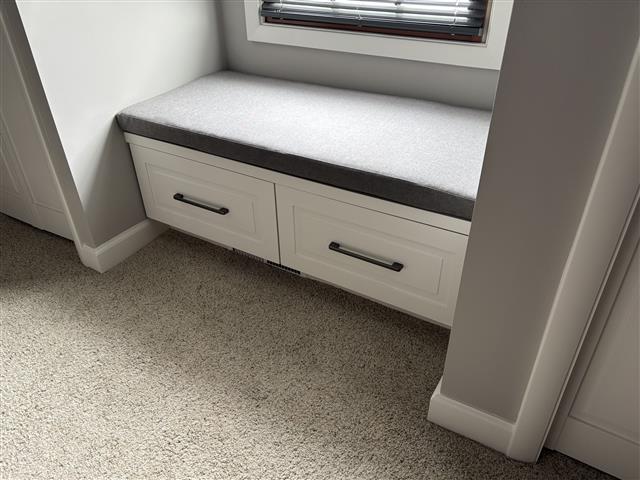 Square corner seat cushion made in Boxed construction with Sunbrella Triumph Slate in 2″ thick.