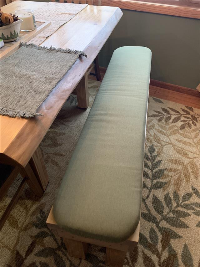 Custom bench cushion made in waterfall edge construction with slightly rounded corners.  Made with Sunbrella Heritage Leaf fabric in 2″ thickness.