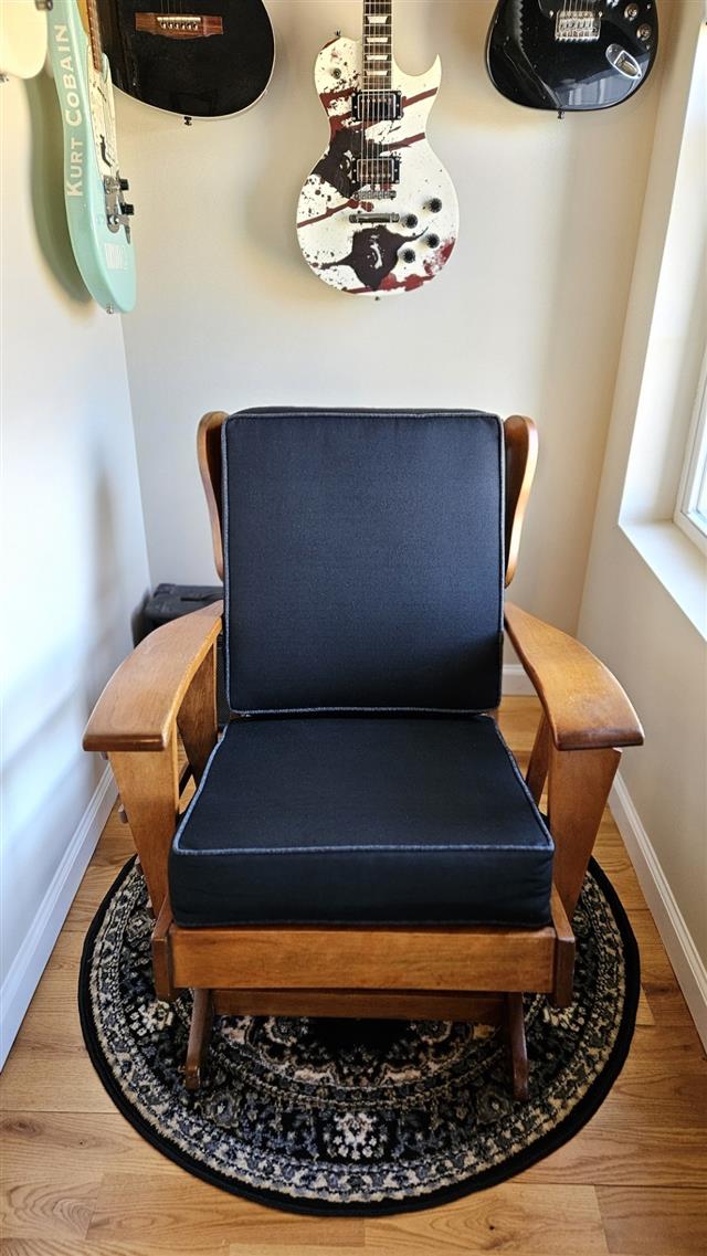 1 deep seating chair set in boxed construction 4 inches thick with Sunbrella Flagship Black fabric with double welt Sunbrella Loft Char