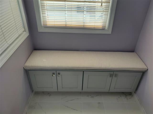 1 custom bench cushion - square corners - set in waterfall construction 2 inches thick with Sunbrella Kismet Flax fabric