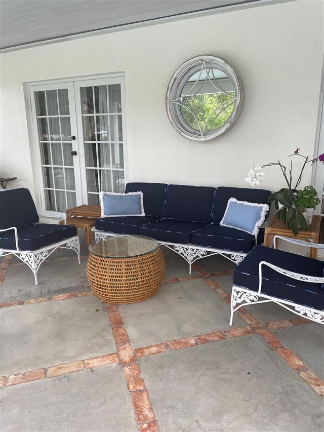 Customer ordered 5 deep seating chair cushions set in Boxed construction with Sunbrella Navy fabric and Double Welt Milano Cobalt trim with Polyurethane Foam with Fiber Batting, no ties. Customer ordered 5 deep seating chair cushions set in Boxed construction with Sunbrella Navy fabric and Double Welt Milano Cobalt trim with Polyurethane Foam with Fiber Batting, no ties.