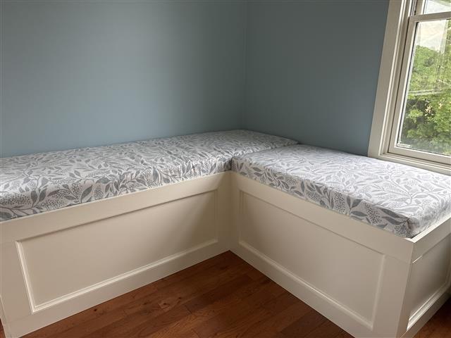 2 bench cushions set in Boxed construction with Sunbrella Exquisite Mist fabric, Polyurethane Foam with Fiber Batting, no ties