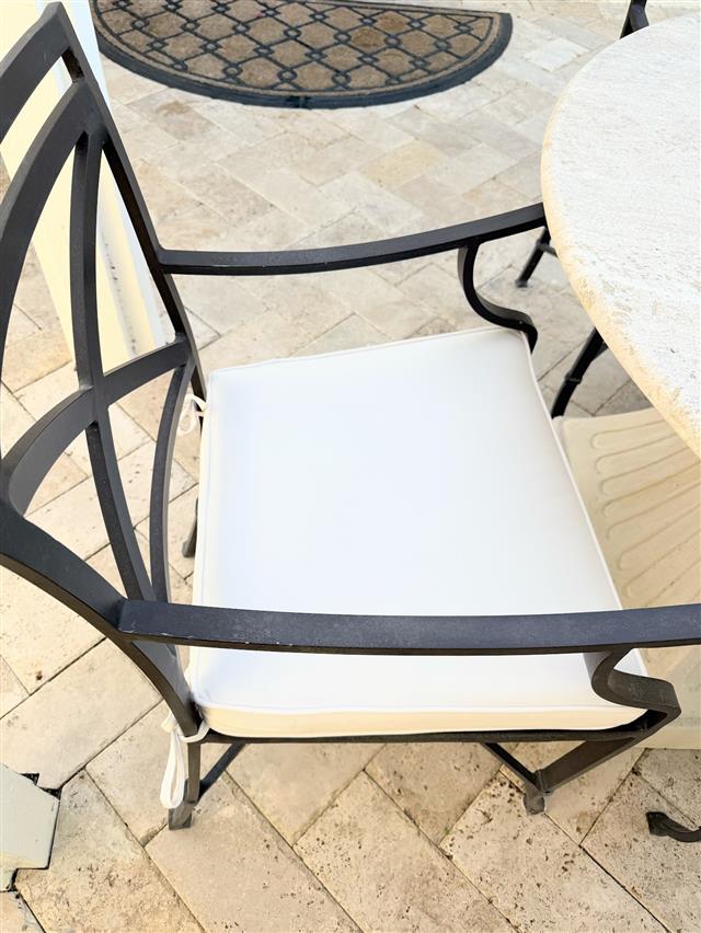 4 trapezoid seat cushions set in Boxed construction with Sunbrella Natural fabric and trim, Reticulated Foam with Fiber Batting, 2 ties at back corners 4 trapezoid seat cushions set in Boxed construction with Sunbrella Natural fabric and trim, Reticulated Foam with Fiber Batting, 2 ties at back corners