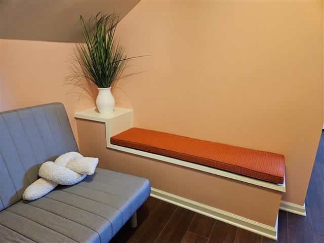 1 bench cushion square corners set in boxed construction with Sunbrella Dupione Papaya fabric and trimming, polyurethane foam with fiber batting, no ties