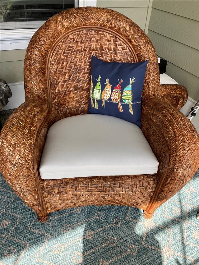 Custom seat cushion rounded back set in waterfall construction with Sunbrella Natural fabric, polyester fiber, no ties