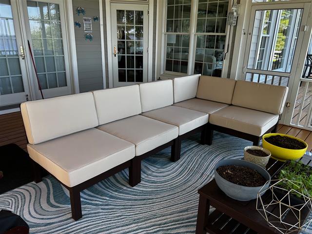 Deep seating sofa set in boxed construction with Sunbrella Antique Beige fabric and trimming, polyurethane foam with fiber batting, no ties Deep seating sofa set in boxed construction with Sunbrella Antique Beige fabric and trimming, polyurethane foam with fiber batting, no ties