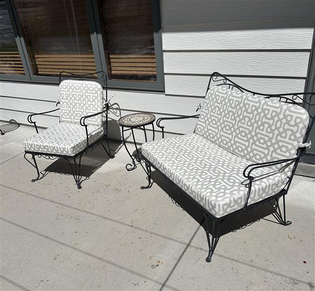 Custom seat cushions - square corners - set in boxed construction with Sunbrella Fretwork Pewter fabric, polyurethane foam with fiber batting, no ties Custom seat cushions - square corners - set in boxed construction with Sunbrella Fretwork Pewter fabric, polyurethane foam with fiber batting, no ties