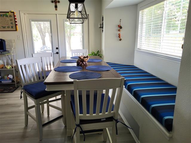 1 custom trapezoid bench cushion set in boxed construction with Sunbrella Gateway Indigo fabric, polyurethane foam with fiber batting, no ties 1 custom trapezoid bench cushion set in boxed construction with Sunbrella Gateway Indigo fabric, polyurethane foam with fiber batting, no ties