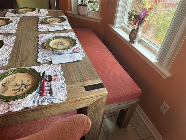 1 custom bench cushion - square corners - set in boxed construction with Sunbrella Dupione Papaya fabric, polyurethane foam with fiber batting, 4 ties at all corners