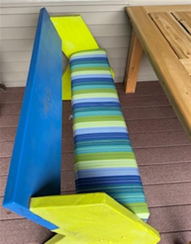 2 custom bench cushions - slightly rounded back corners - set in waterfall construction with Sunbrella Seville Seaside fabric, polyurethane foam with fiber batting, no ties