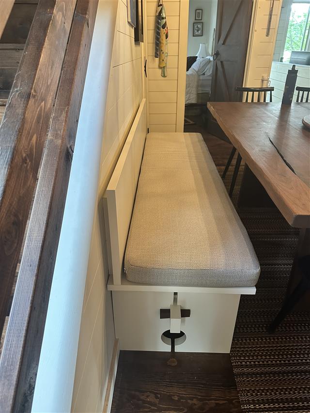 1 custom bench cushion - square corners - set in boxed construction with Sunbrella Hybrid Smoke fabric, polyurethane foam with fiber batting, no ties