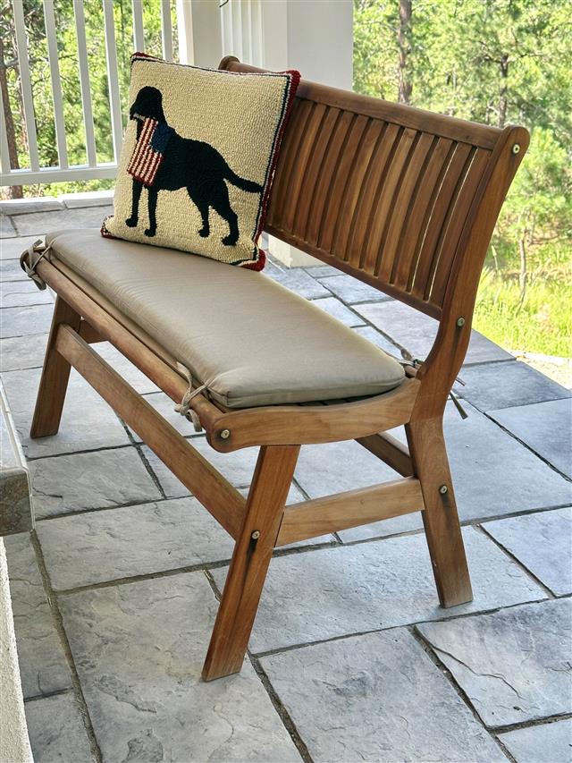 4 custom bench cushions - rounded back corners - slightly rounded back corners set in waterfall construction with Sunbrella Taupe fabric, reticulated foam with fiber batting, 4 ties at front and back