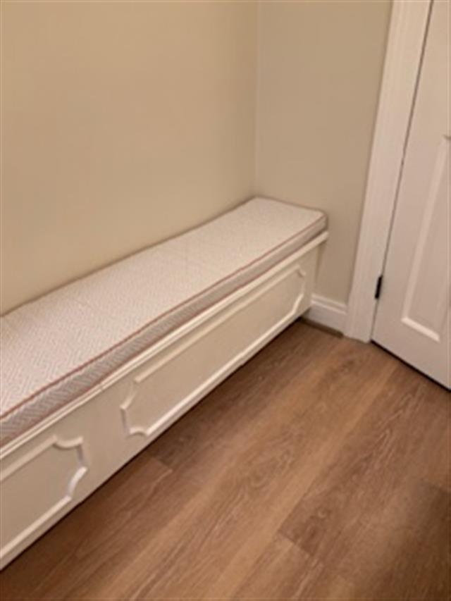 1 custom bench cushion - square corners - set in boxed construction with Sunbrella Crete Cloud fabric and double welt Chartres Rose trimming, polyurethane foam with fiber batting, no ties