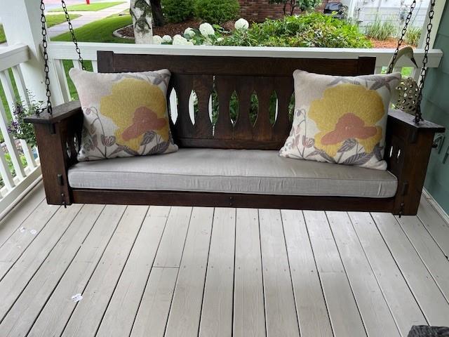 1 custom bench cushion - square corners - set in boxed construction with Sunbrella Cast Ash fabric and double welt Cash Ash trimming, polyurethane foam with fiber batting, 2 ties at back corners