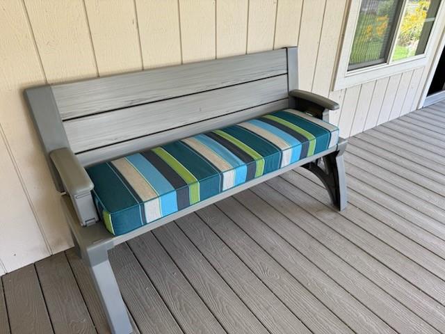 1 custom bench cushion - square corners - set in boxed construction with Sunbrella Expand Calypso fabric and double welt Sunbrella Spectrum Peacock trimming, polyurethane foam with fiber batting, no ties