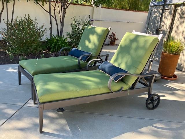 2 custom chaise cushions - plain with square corners - set in waterfall construction with Sunbrella Spectrum Cilantro fabric, polyester fiber, ties at hinge and sides of back