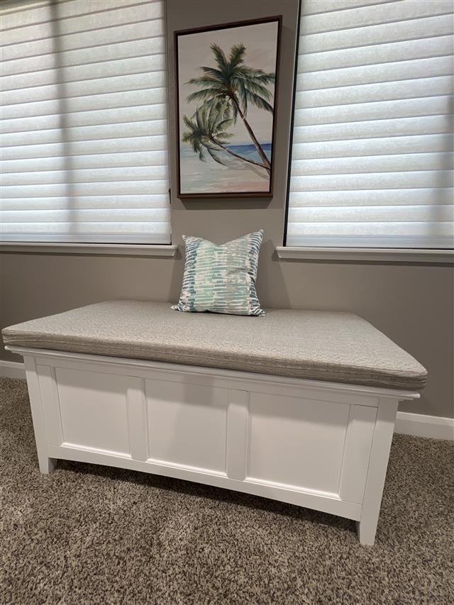 1 custom bench cushion - square corners - set in boxed construction with Sunbrella Linen Silver fabric, polyurethane foam with fiber batting, no ties