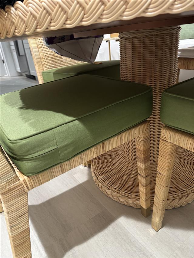 4 custom seat cushions - square corners - set in boxed construction with Sunbrella Spectrum Cilantro fabric and trimming, polyurethane foam with fiber batting, no ties