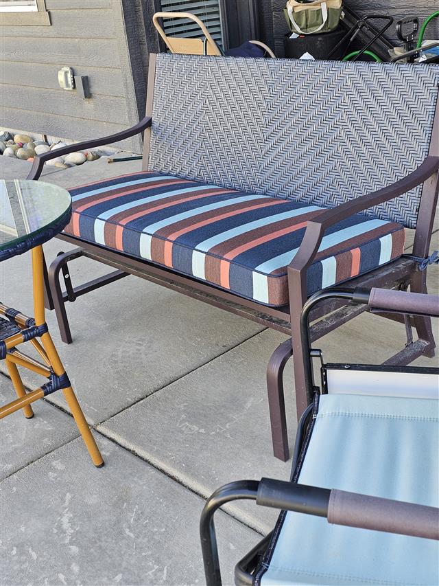 1 custom bench cushion - square corners - set in boxed construction with Sunbrella Gateway Fuse fabric, double welt Blend Indigo trimming, polyurethane foam with fiber batting, 2 ties at back