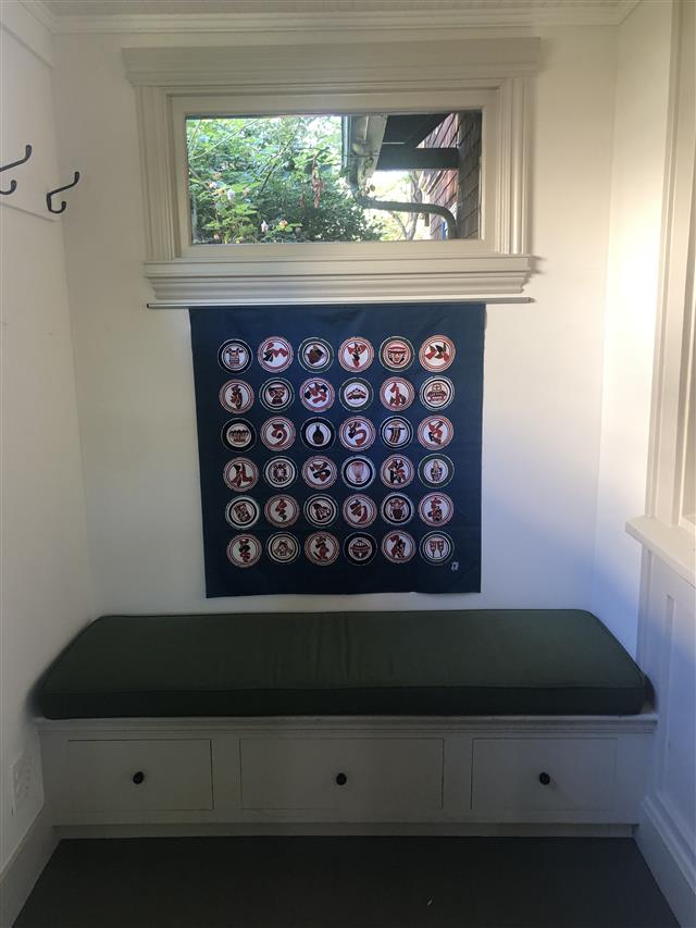 1 custom bench cushion - square corners - set in boxed construction with Sunbrella Fern fabric and trimming, polyurethane foam with fiber batting, no ties