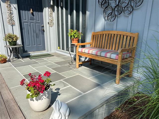 Custom bench cushion - square corners - set in boxed construction with Sunbrella Gateway Blush fabric, reticulated foam with fiber batting, 2 ties at back corners