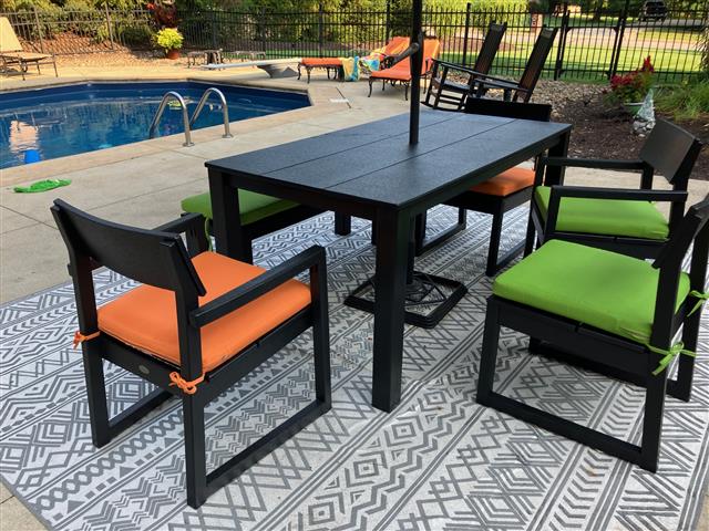 1 custom bench cushion - square corners - set in boxed construction with Sunbrella Macaw fabric, polyurethane foam with fiber batting, 2 ties at sides

4 custom seat cushions - square corners - set in boxed construction with Sunbrella Macaw fabric and Sunbrella Tangerine fabric, polyurethane foam with fiber batting, 2 ties at back corners