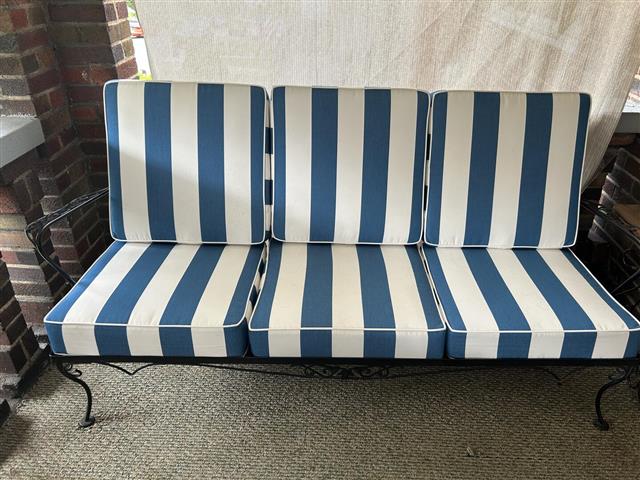 1 deep seating sofa cushion set, set in boxed construction with Sunbrella Cabana Regatta fabric and double welt White trimming, reticulated foam with fiber batting, no ties