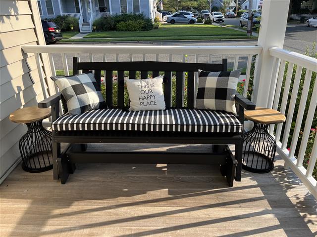 1 custom bench cushion - square corners - set in boxed construction with Sunbrella Shore Classic fabric and double welt Sunbrella Flagship Black trimming, reticulated foam with fiber batting, 2 ties at back corners