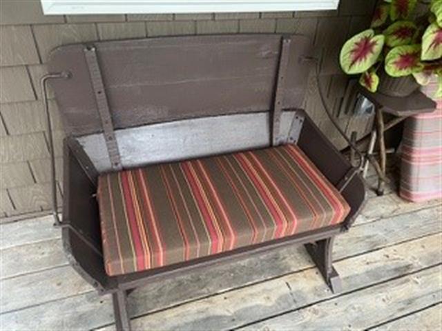 1 custom bench cushion - square corners - set in boxed construction with Sunbrella Stanton Brownstone fabric, polyurethane foam with fiber batting, no ties