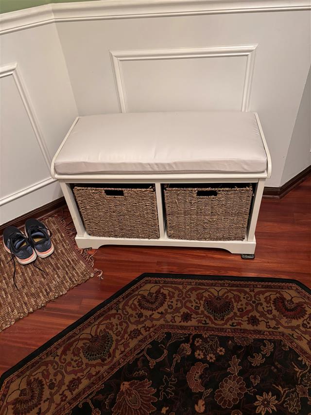 1 custom bench cushion - square corners - set in boxed construction with Sunbrella Natural fabric, polyurethane foam with fiber batting, no ties
