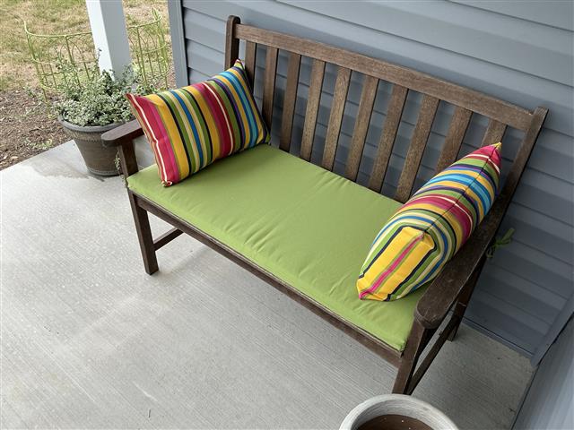 1 custom bench cushion - square corners - set in waterfall construction with Sunbrella Ginkgo fabric, polyurethane foam with fiber batting, 2 ties at back corners
