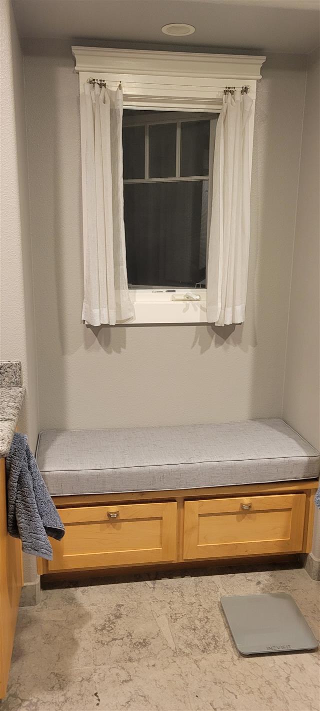 1 custom bench cushion - square corners - set in boxed construction with Sunbrella Frequency Ash fabric and trimming, polyurethane foam with fiber batting, no ties