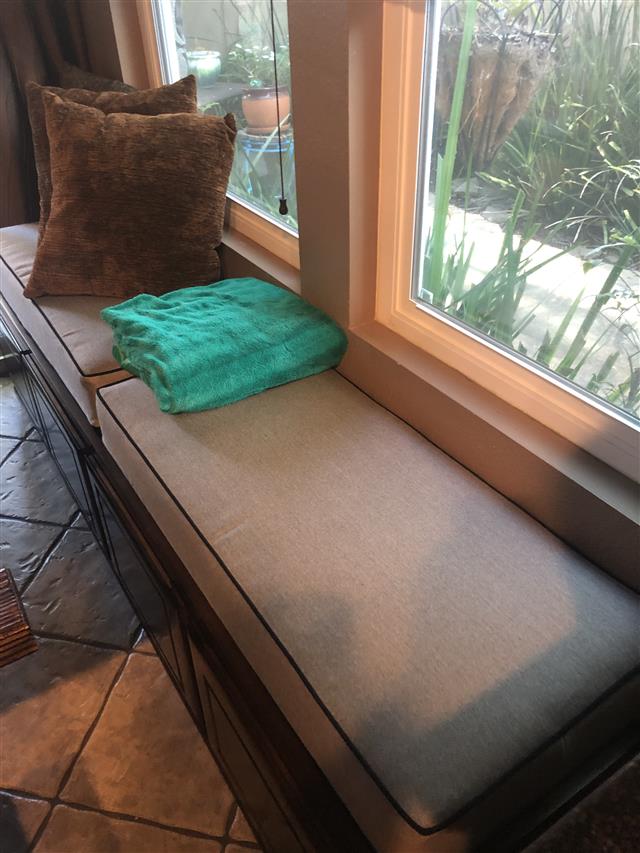 2 custom bench cushions - square corners - set in boxed construction with Sunbrella Pashmina Alpaca fabric and double welt black trimming, polyurethane foam with fiber batting, no ties