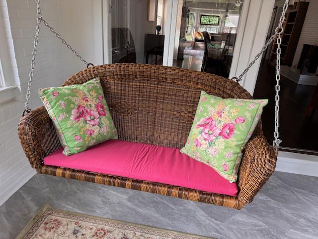 1 custom bench cushion - slightly rounded corners - set in waterfall construction with Sunbrella Hot Pink fabric, polyurethane foam with fiber batting, no ties
