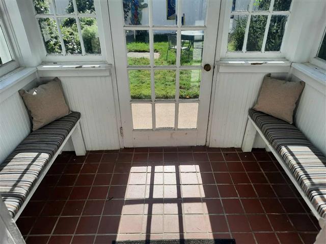 2 custom bench cushions - square corners - set in boxed construction with Sunbrella Cultivate Stone, polyurethane foam with fiber batting, no ties