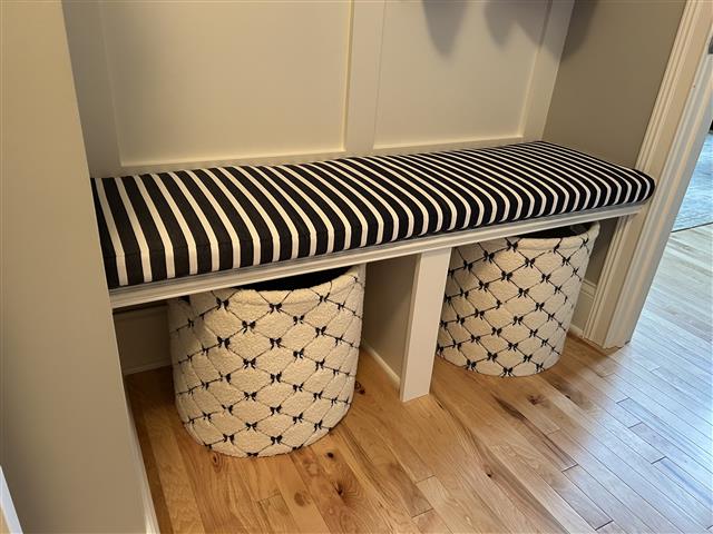 1 custom bench cushion - square corners - set in boxed construction with Sunbrella Shore Navy fabric, polyurethane foam with fiber batting, no ties