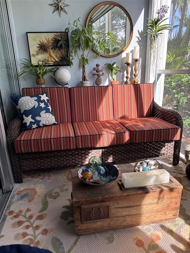 1 custom sofa cushion set set in boxed construction with Sunbrella Dorsett Cherry fabric and Double Welt Navy trimming, polyurethane foam with fiber batting, no ties