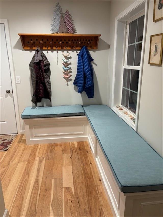 Custom bench cushions - square corners - set in boxed construction with Sunbrella Dupione Celeste fabric and Double Welt Dupione Deep Sea trimming, polyurethane foam with fiber batting, no ties