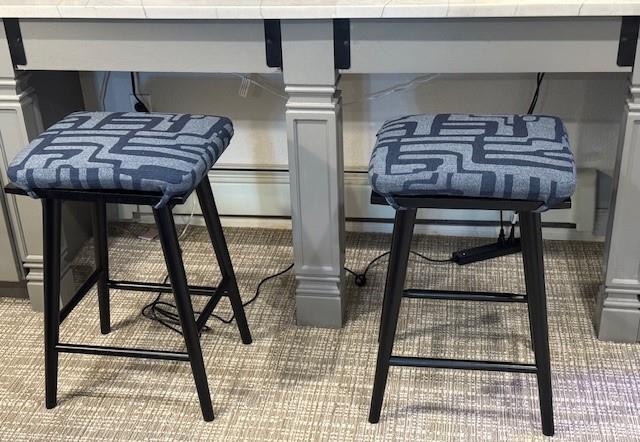 Custom seat cushions - square corners - set in boxed construction with Sunbrella Escher Indigo fabric, polyurethane foam with fiber batting, 4 ties at front and back