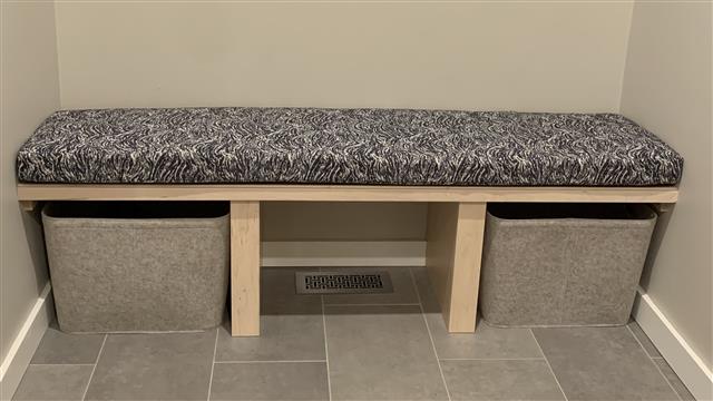 Custom bench cushion - square corners - set in boxed construction with Sunbrella Undercurrent Tide fabric, polyurethane foam with fiber batting, no ties