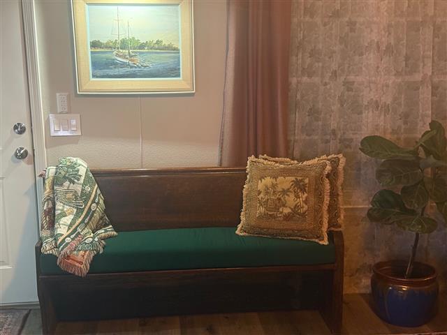 Custom bench cushion - square corners - set in boxed construction with Sunbrella Forest Green fabric, polyurethane foam with fiber batting, no ties